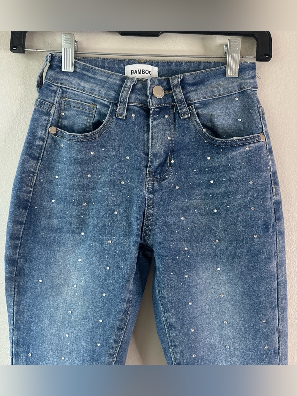 BAMBOO Medium Blue High-Rise Jeans with Rhinestone Detail